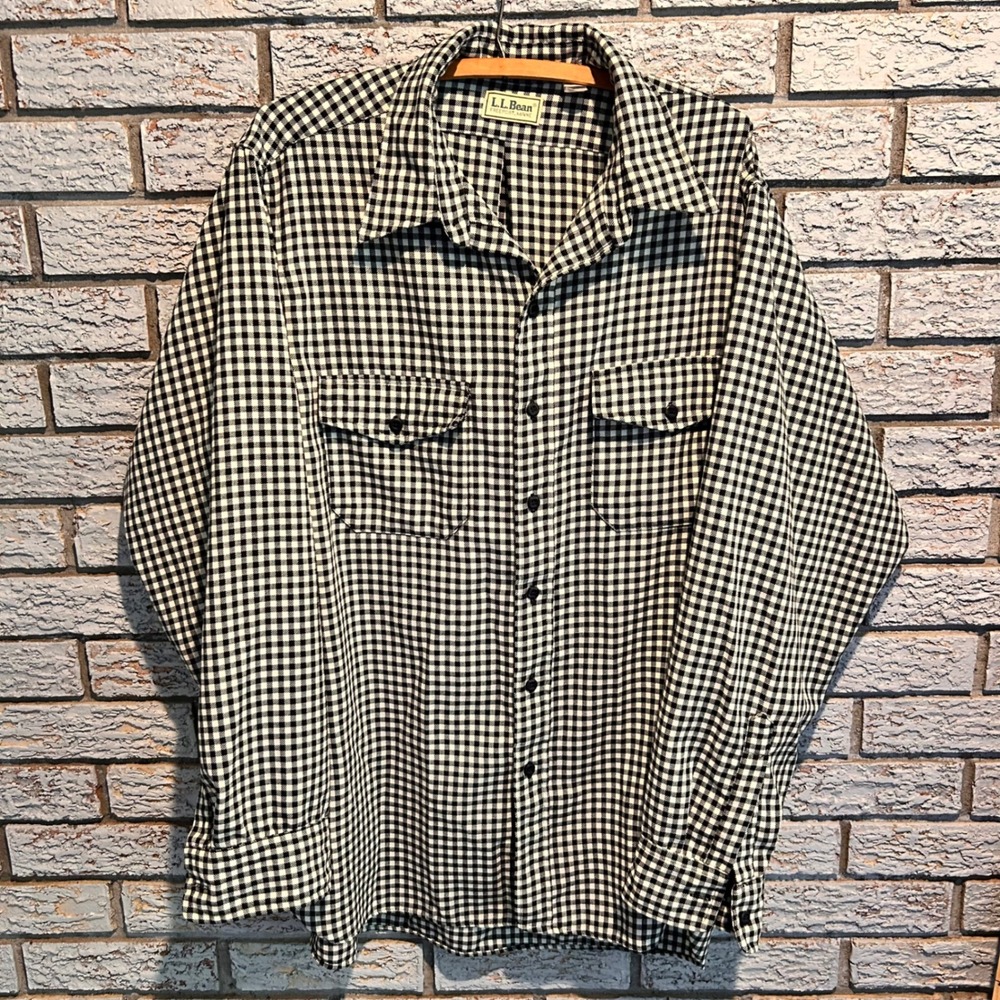 LL Bean Mens XL Gingham Check Button Down Shirt Black White Long Sleeve USA Made